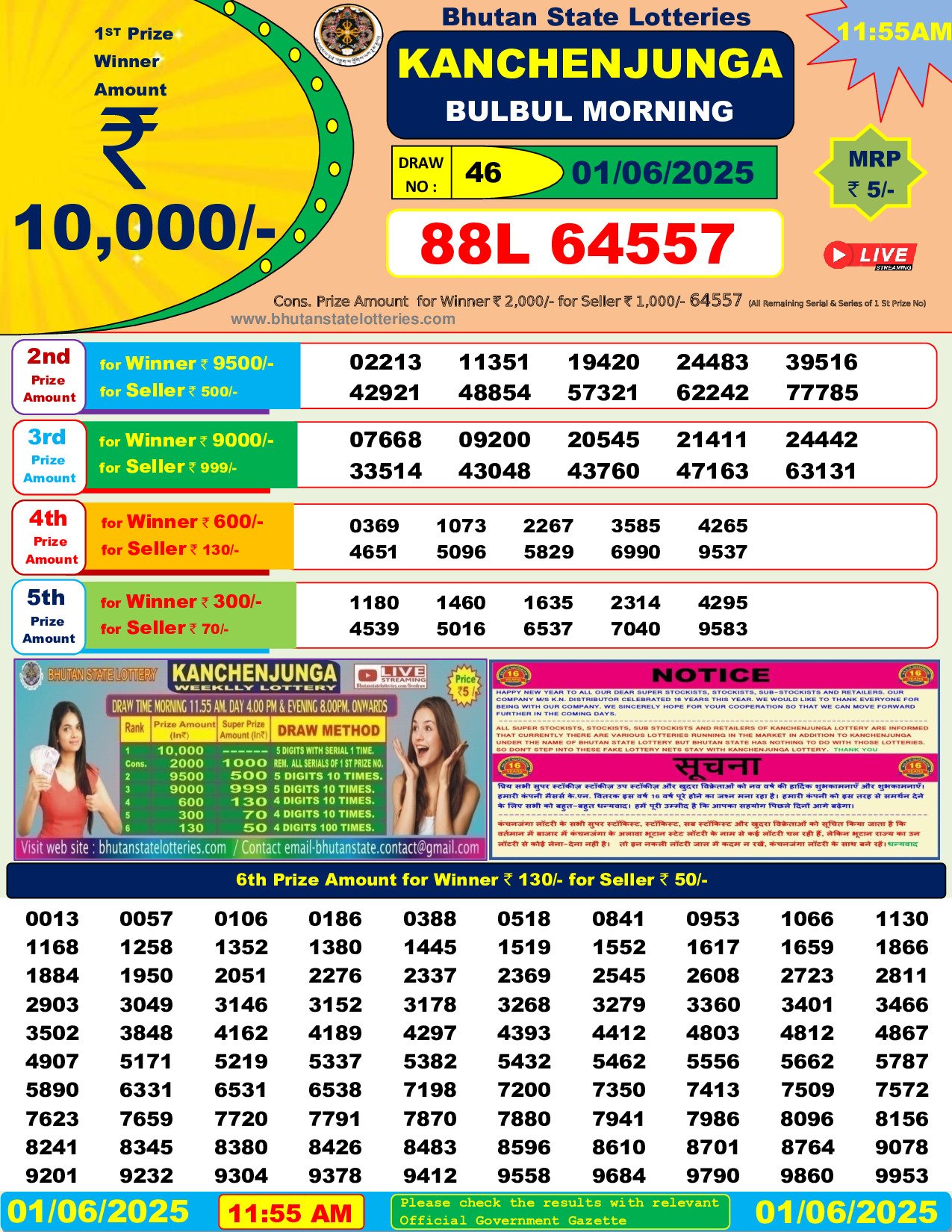 Bhutan Lottery Result Today: 2025-06-01-11:55 AM