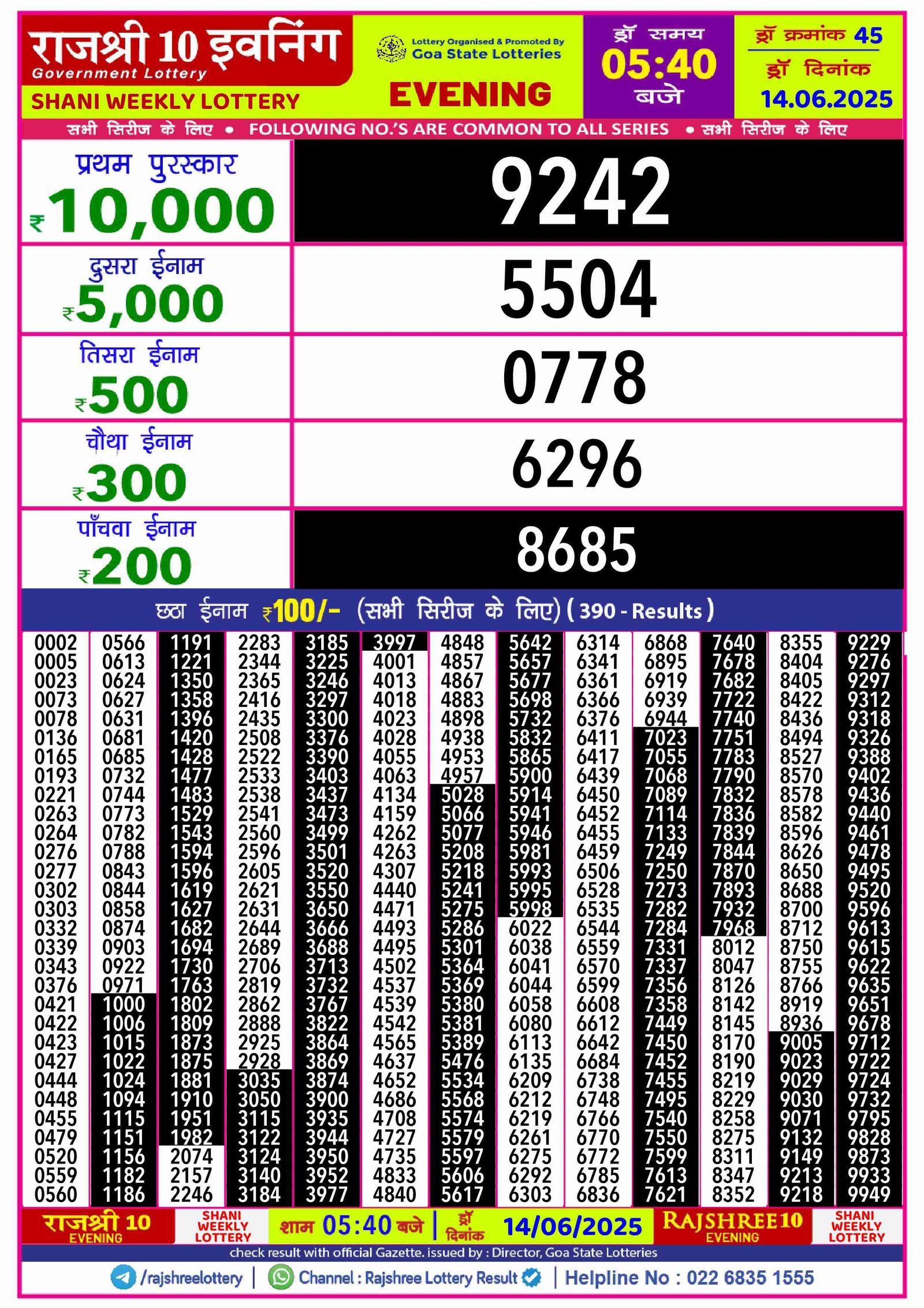RAJSHREE 10 EVENING SHANI WEEKLY LOTTERY Yesterday: 2025-06-14-5:40 PM RAJSHREE 10 EVENING SHANI WEEKLY LOTTERY Yesterday: 2025-06-14-5:40 PM